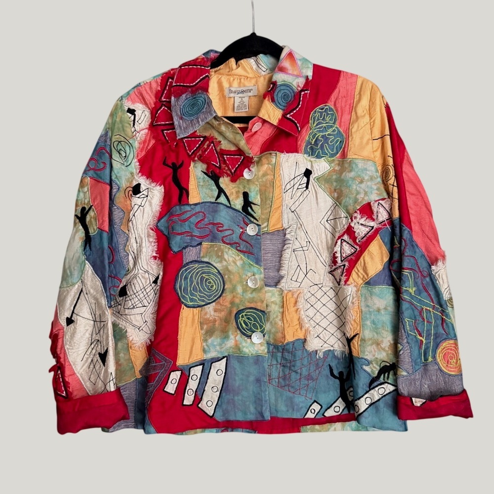 TravelSmith Silk Abstract Art Jacket Oversized Small Boho Patchwork